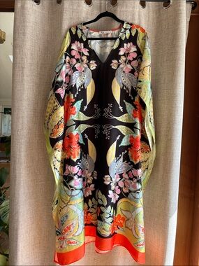 Zara Black Silk Caftan with Multicolor Floral and Bird Motif